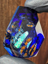 Load image into Gallery viewer, fully faceted sapphire glass with orange butterfly milliefiore w opal slab and metatrons cube