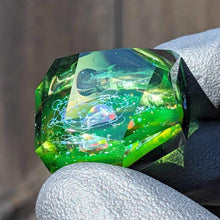 Load image into Gallery viewer, green glass with blue geometrical dichroic pattern