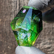 Load image into Gallery viewer, green glass with blue geometrical dichroic pattern