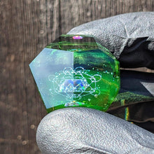 Load image into Gallery viewer, green glass with blue geometrical dichroic pattern