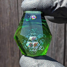 Load image into Gallery viewer, green glass with blue geometrical dichroic pattern