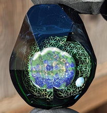 Load image into Gallery viewer, earthly planet with flower of life and opal moon glass pendant