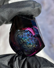 Load image into Gallery viewer, multi colored dichroic metatrons with fire opals facet pendant