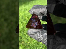 Load and play video in Gallery viewer, amber glass triangle pendant with blue metatrons cube