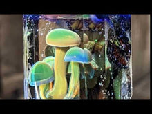 Load and play video in Gallery viewer, glass mushrooms with 2 butterflies and blue flower pendant