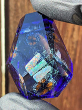 Load image into Gallery viewer, fully faceted sapphire glass with orange butterfly milliefiore w opal slab and metatrons cube
