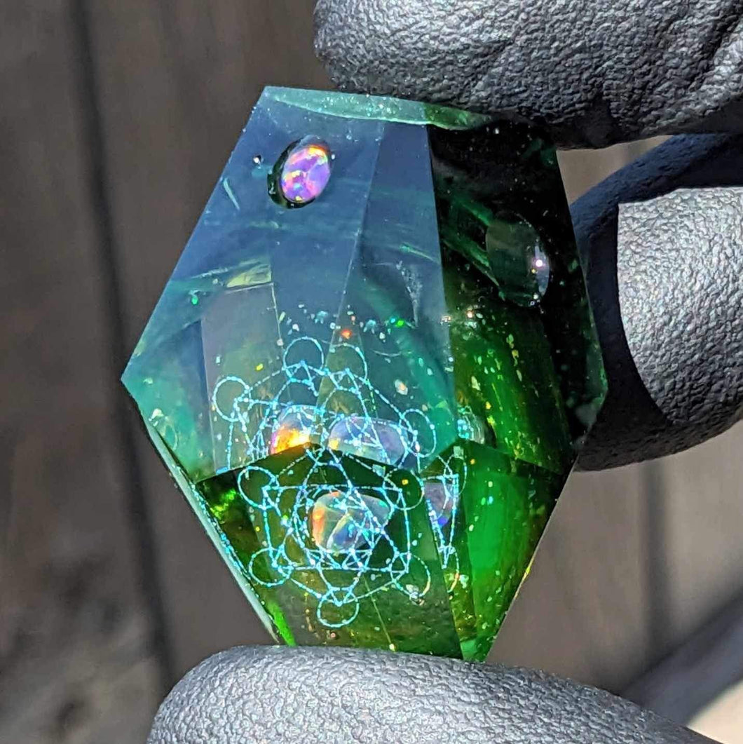 green glass with blue geometrical dichroic pattern