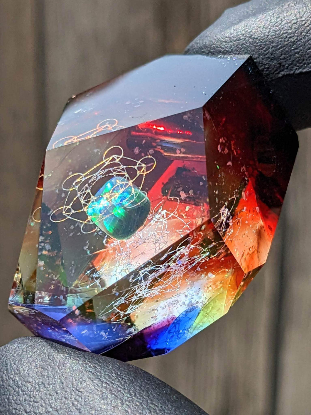 fully faceted double layer metatrons cubes rainbow color fade pendant