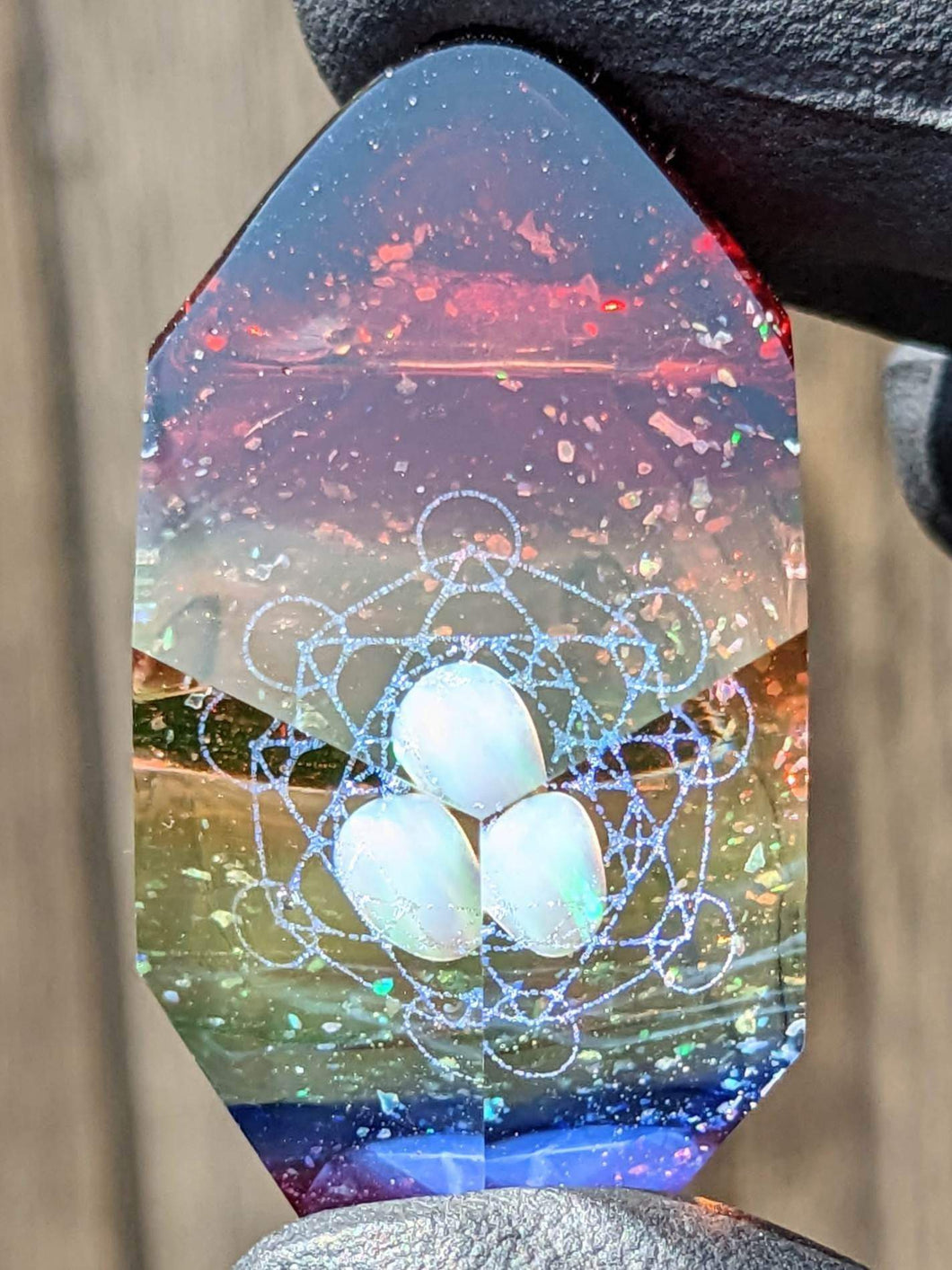 faceted rainbow glass pendant with metatrons cube