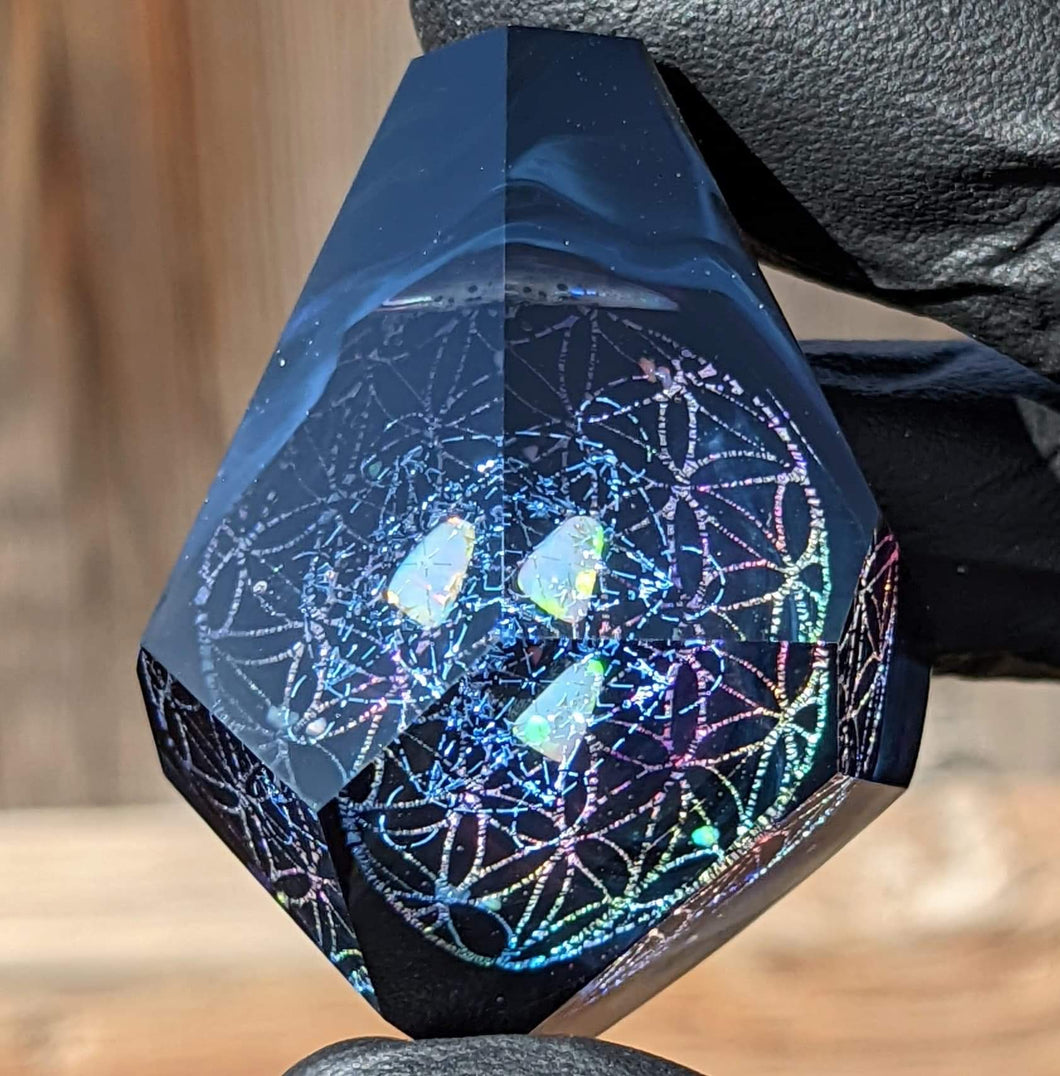 flower of life w floating metatrons cube faceted pendant
