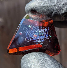 Load image into Gallery viewer, amber glass triangle pendant with blue metatrons cube
